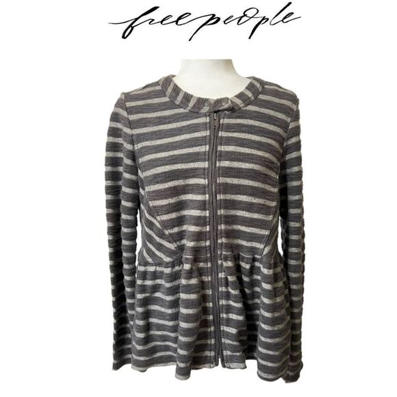 FREE PEOPLE Gray striped peplum sweater jacket Size Small zip up cotton blend - Picture 11 of 11
